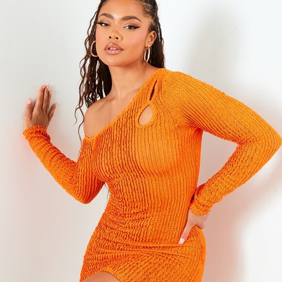 PLT Textured Asymmetric Neck Cut Out Long Sleeve Bodycon Dress - Size 12 - Picture 1 of 4